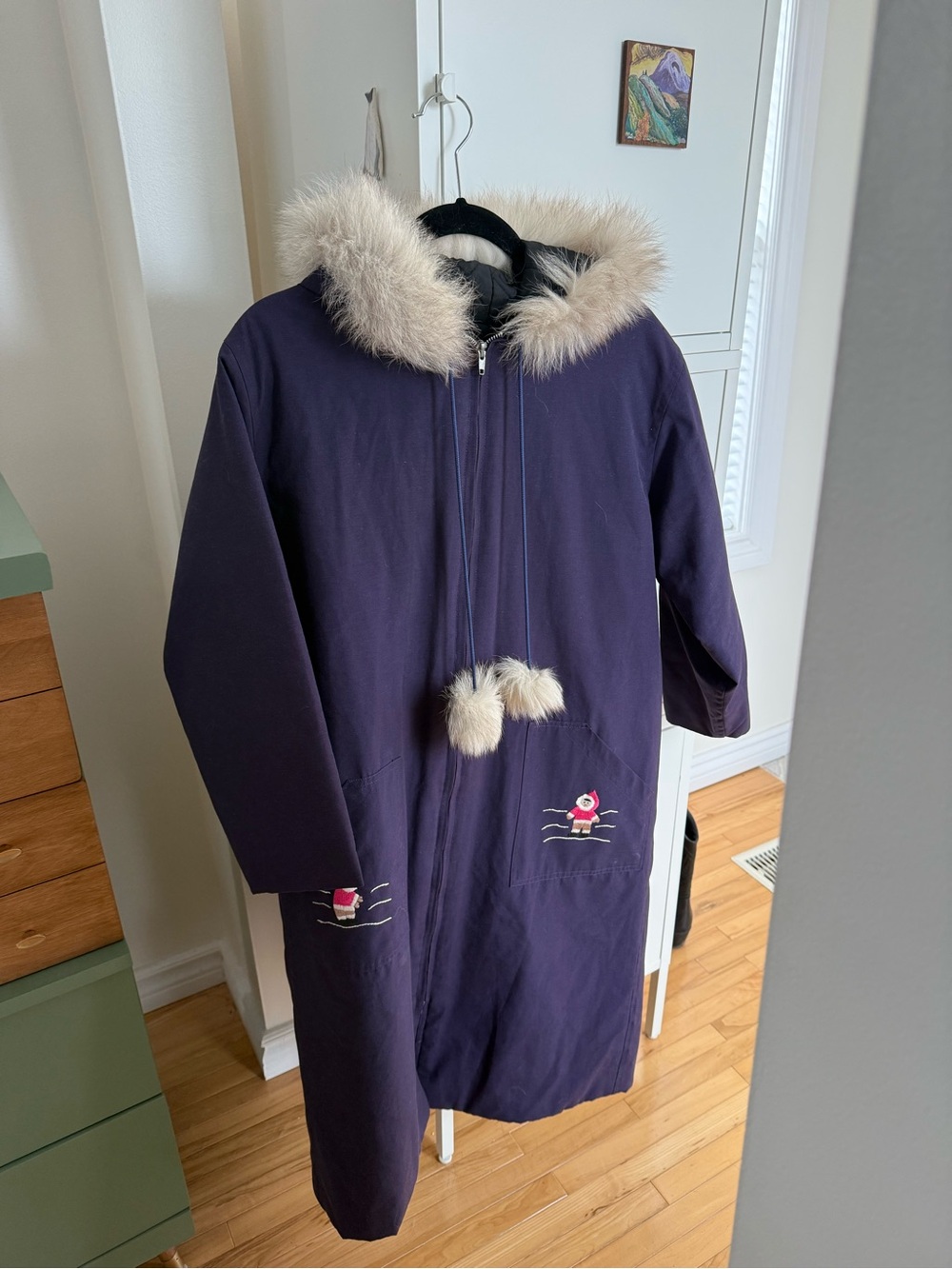 Vintage handmade Long Purple Winter Coat with Fur-Trim Hood